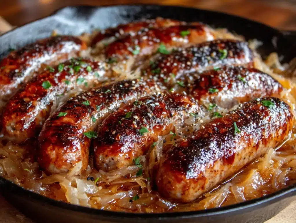 bavarian bratwurst and sauerkraut skillet - featured image