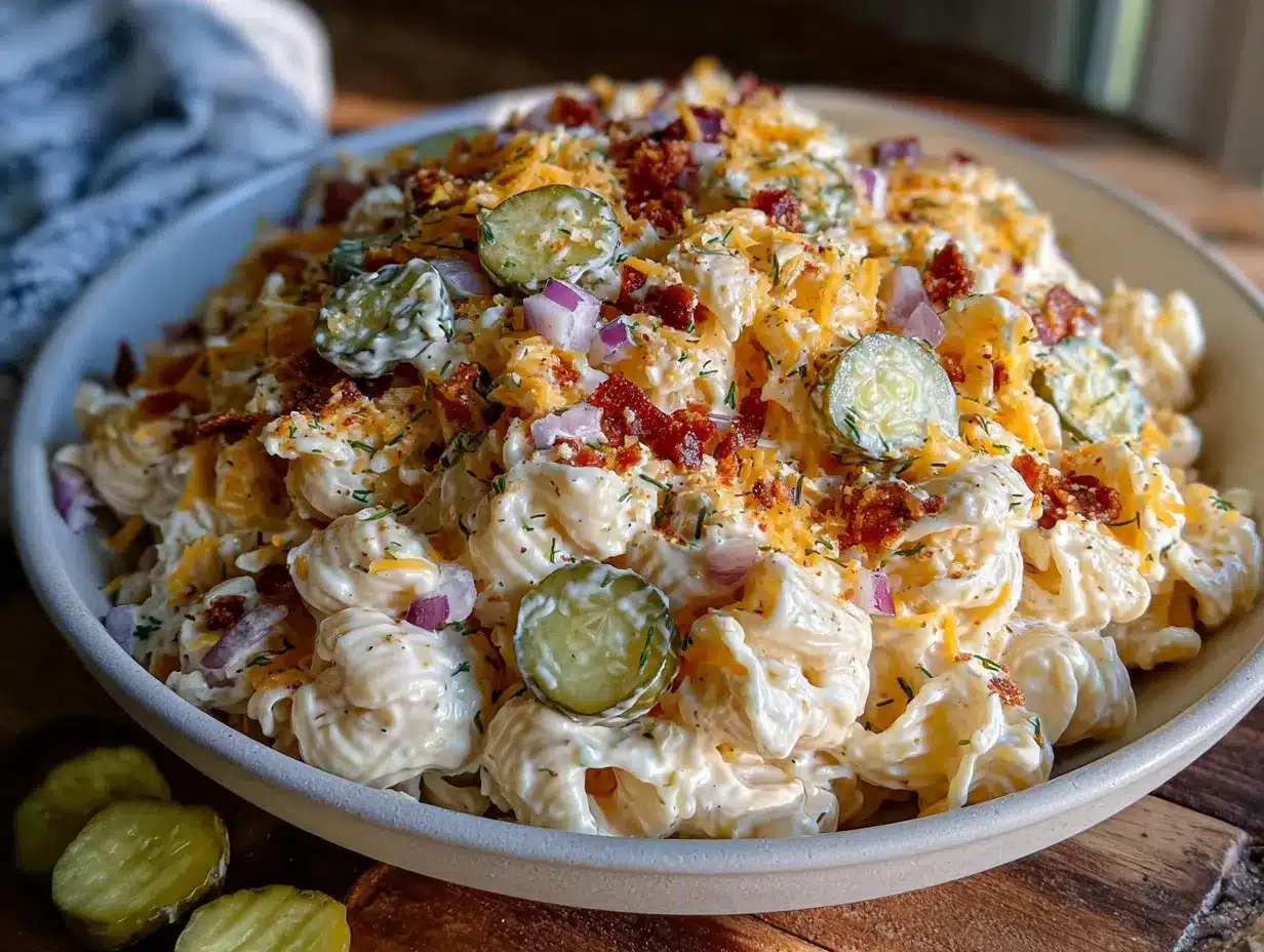 creamy loaded dill pickle ranch pasta salad preparation steps