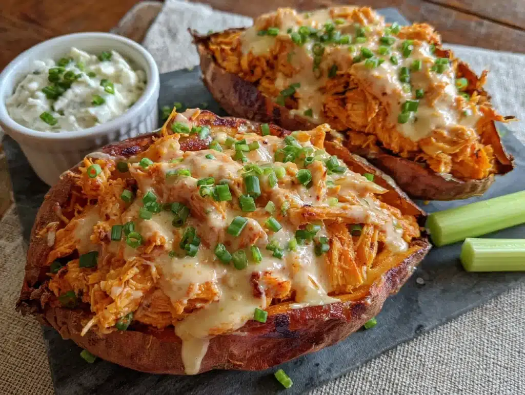 crispy buffalo chicken stuffed sweet potatoes - featured image