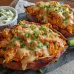 crispy buffalo chicken stuffed sweet potatoes - featured image