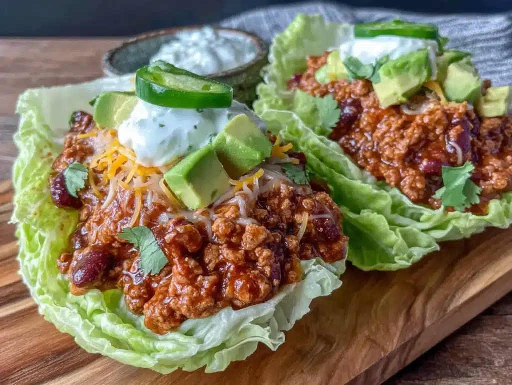 healthy turkey chili lettuce cups - featured image