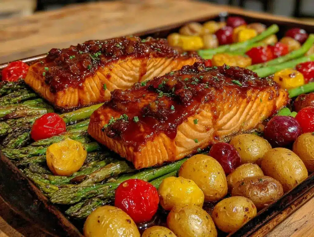 honey garlic salmon sheet pan dinner - featured image