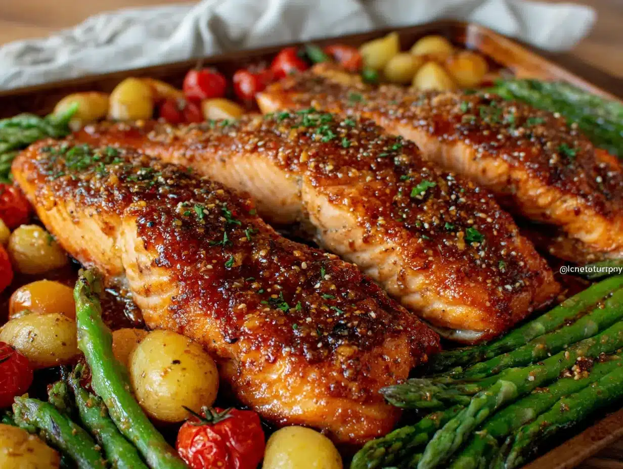 honey garlic salmon sheet pan dinner preparation steps