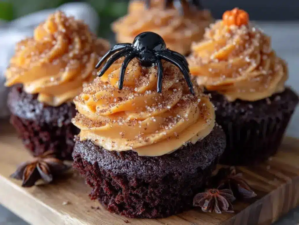 Black velvet Halloween cupcakes with orange frosting - featured image