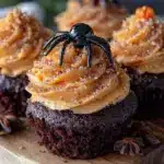 Black velvet Halloween cupcakes with orange frosting - featured image