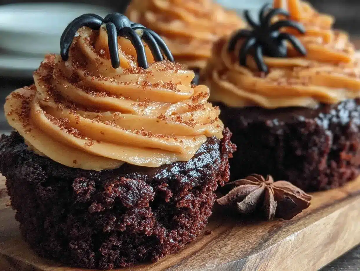 Black velvet Halloween cupcakes with orange frosting preparation steps