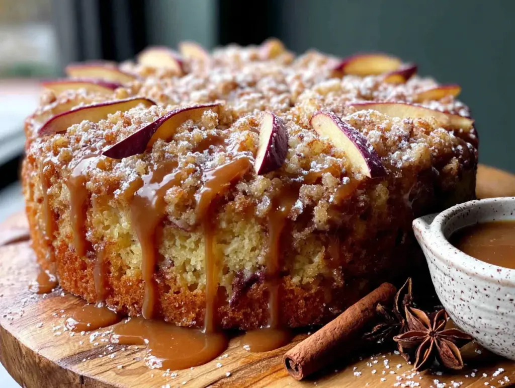 cozy salted caramel apple cider donut cake - featured image