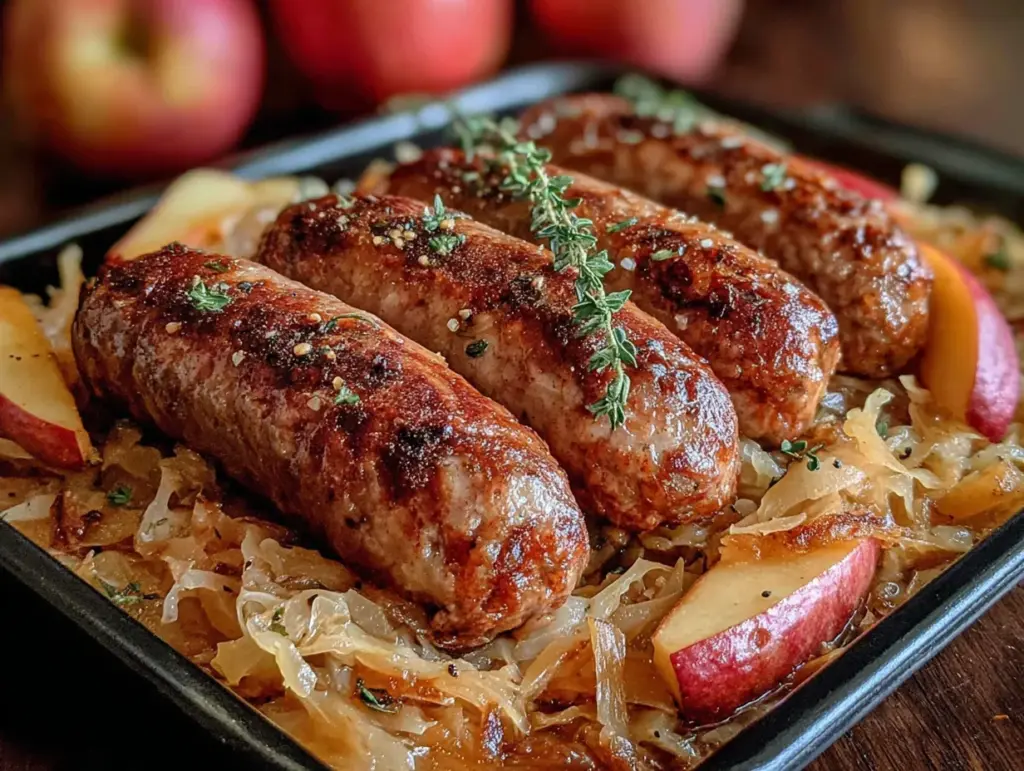 sheet pan sausage sauerkraut and apples - featured image