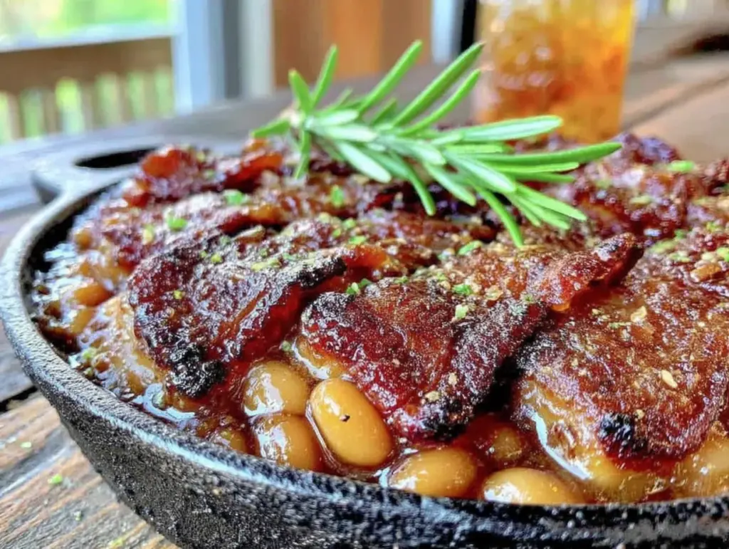 smoky bourbon bacon baked beans - featured image