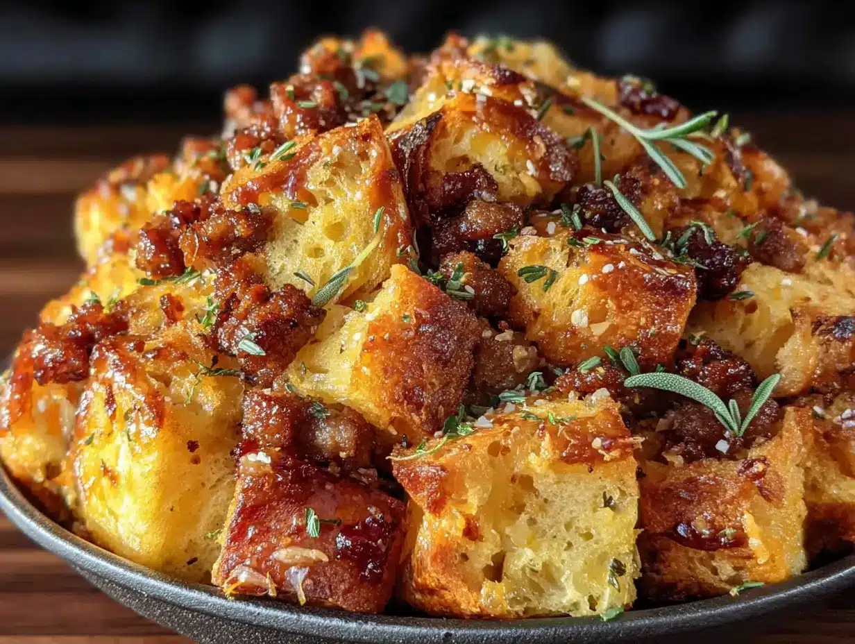 Sourdough stuffing with sausage and sage preparation steps