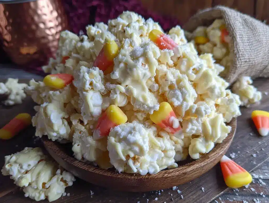 white chocolate candy corn popcorn mix - featured image