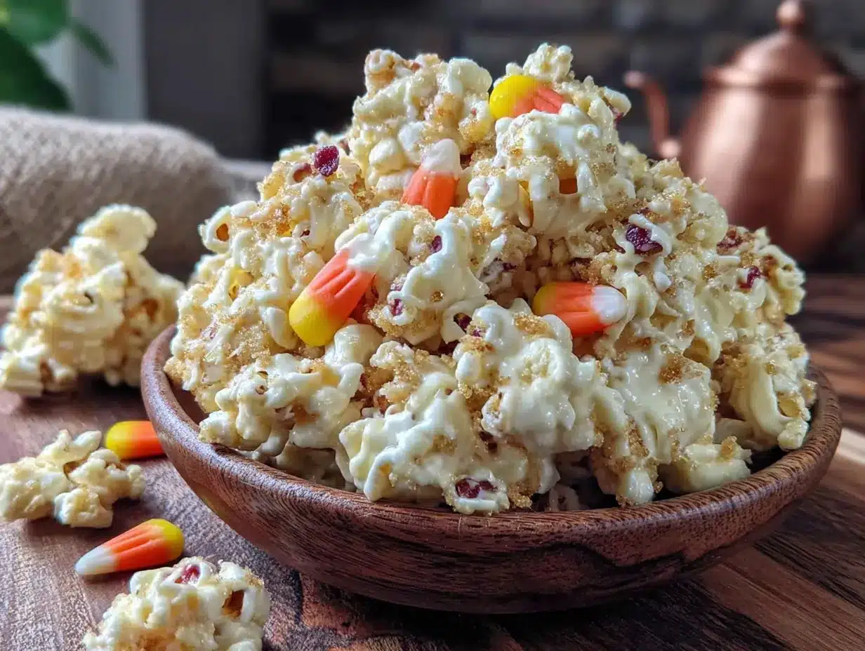 white chocolate candy corn popcorn mix preparation steps