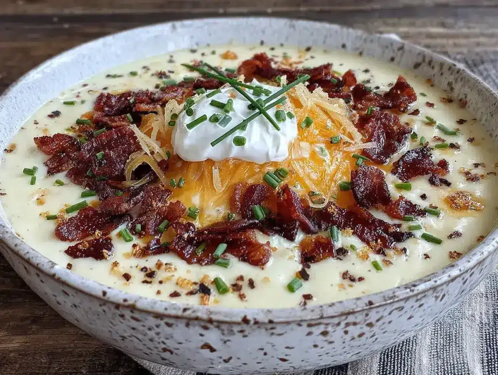 creamy loaded baked potato soup with bacon - featured image