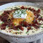 creamy loaded baked potato soup with bacon - featured image