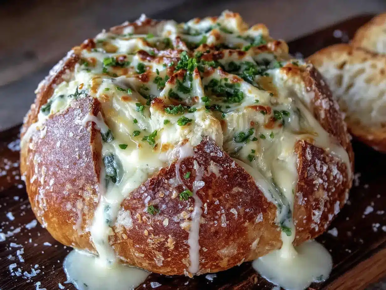 lightened-up spider web spinach dip bread bowl preparation steps