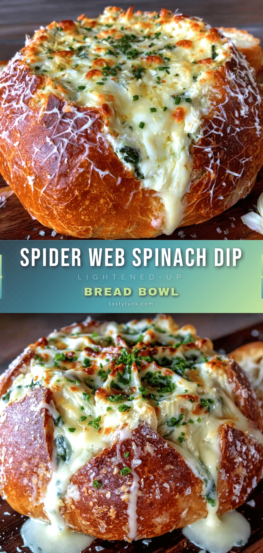 lightened-up spider web spinach dip bread bowl recipe