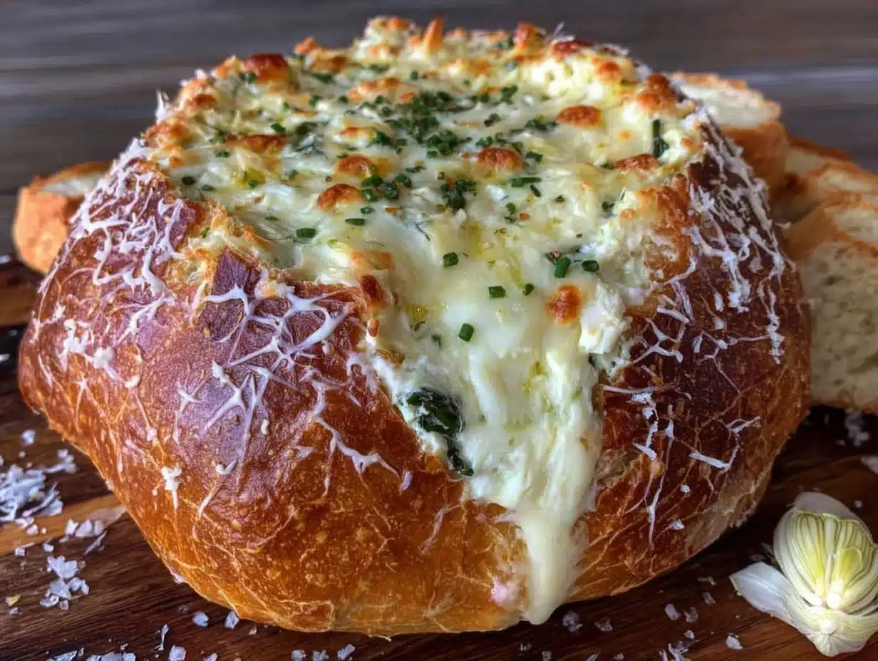 lightened-up spider web spinach dip bread bowl - featured image